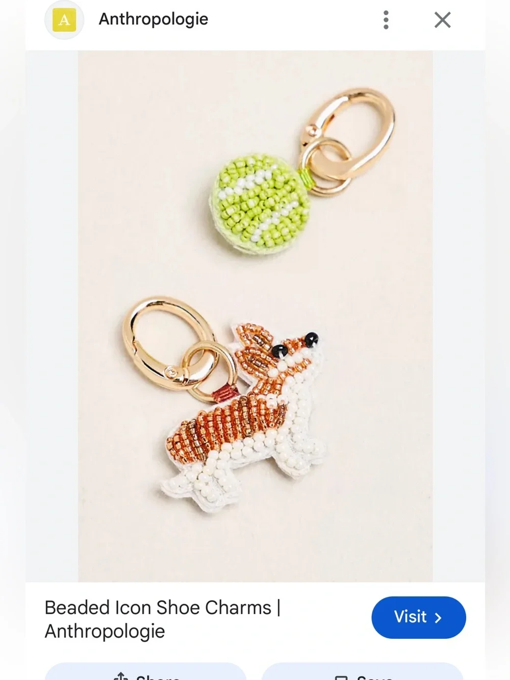 Anthropologie Kids Beaded Corgi & Tennis Ball Shoe Charms - White, Brown, Green